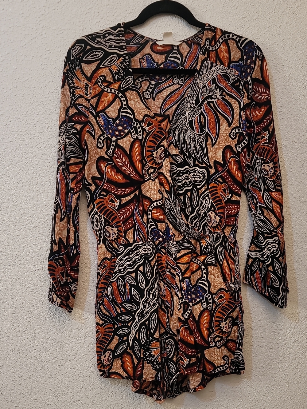 H&M Long-Sleeve Printed Romper in Rust, Black & Cream